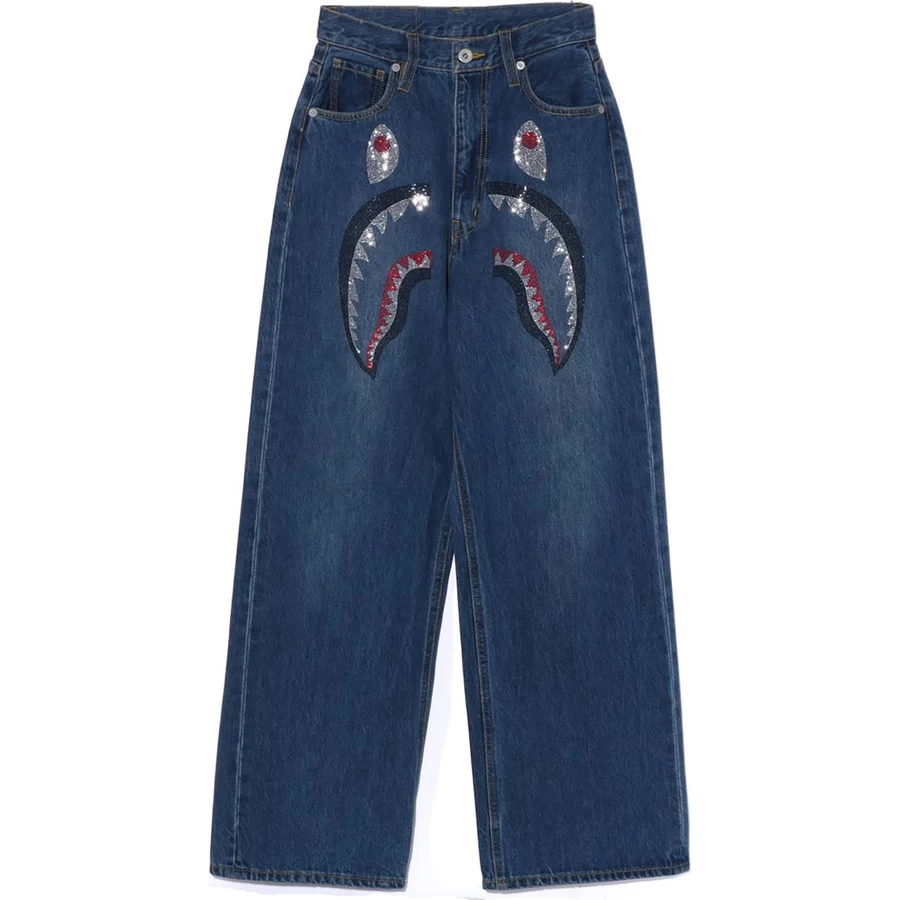 Bape CRYSTAL STONE SHARK HIGH WAIST DENIM PANTS LADIES